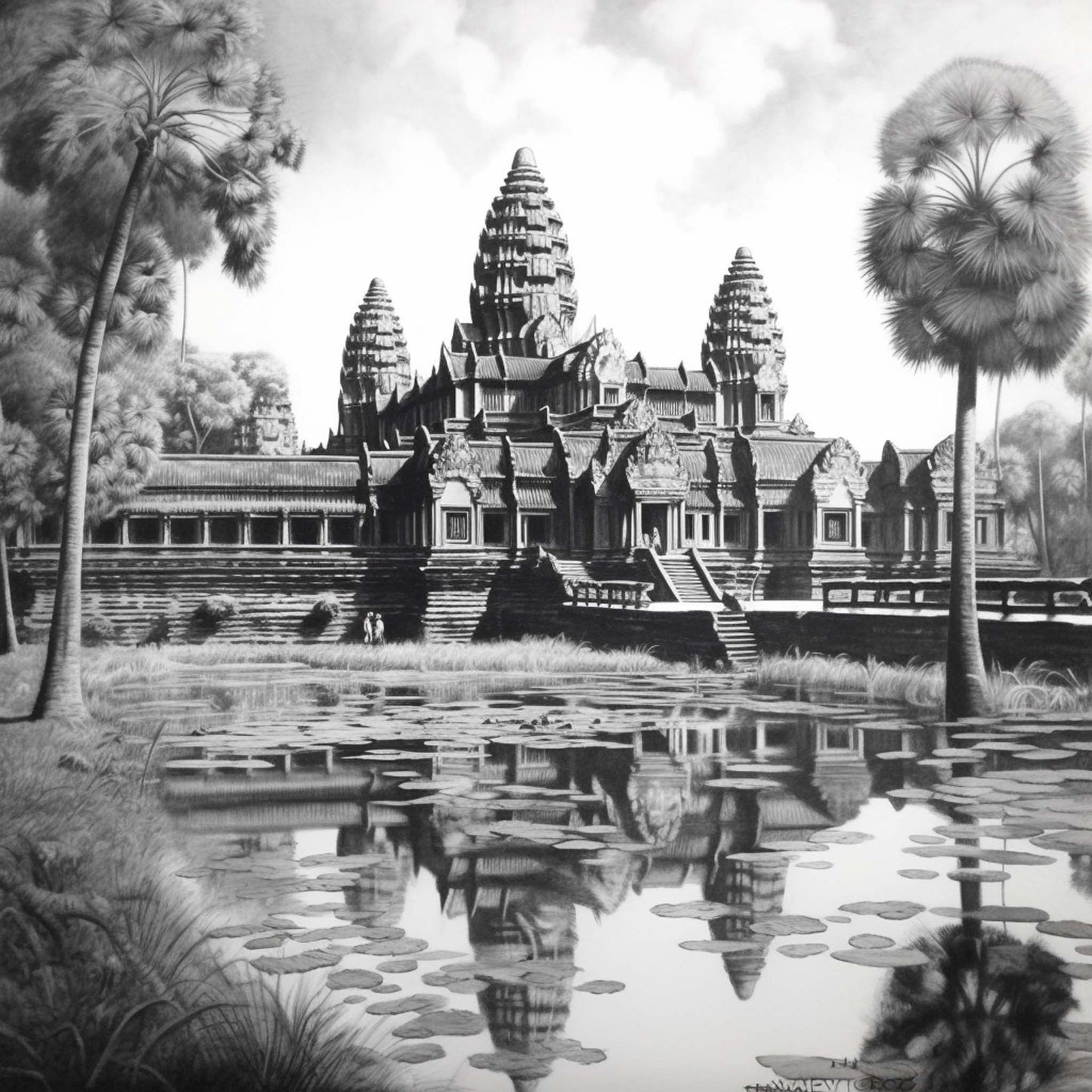 Urbanisto - Angkor Wat - Wandbild in der Stilrichtung einer Schwarz-Weiß-Zeichnung