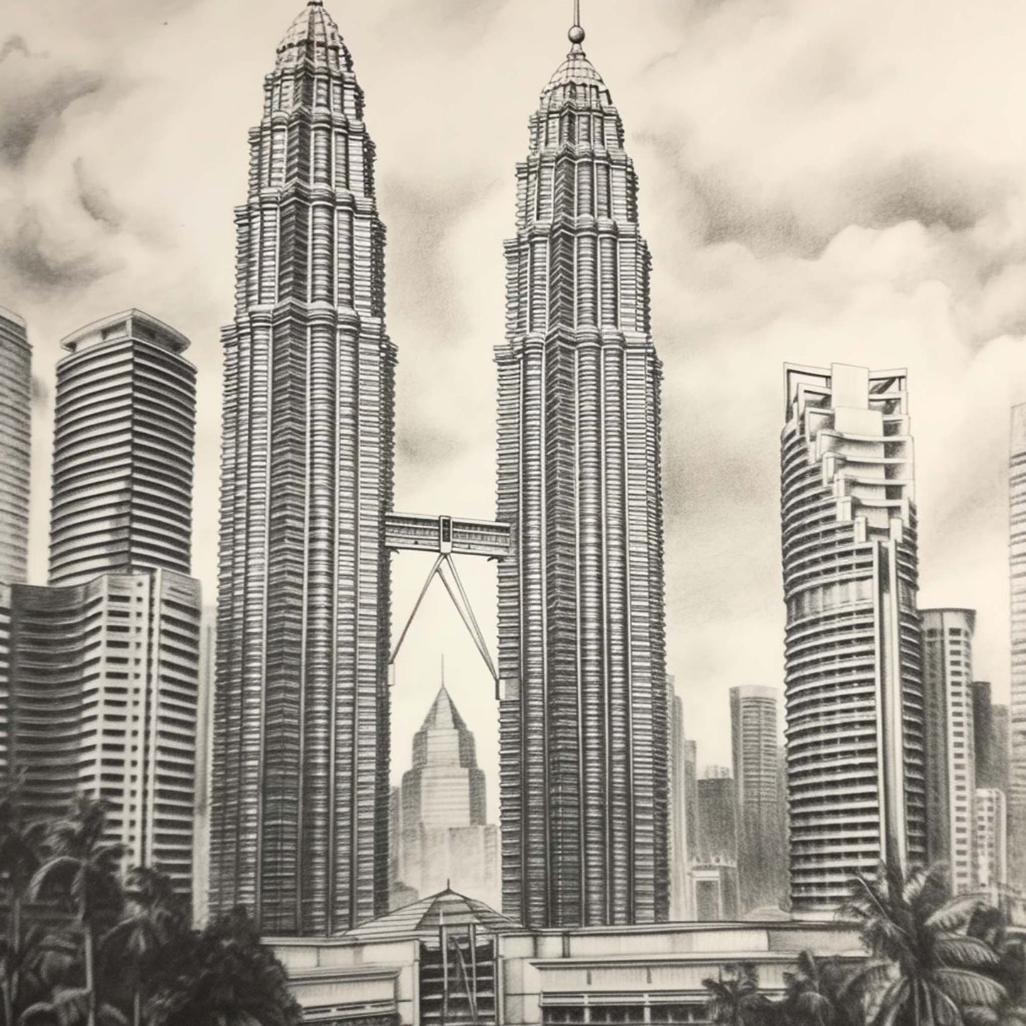 Urbanisto - Petronas Towers Kuala Lumpur - Wandbild als Schwarz-Weiß-Zeichnung