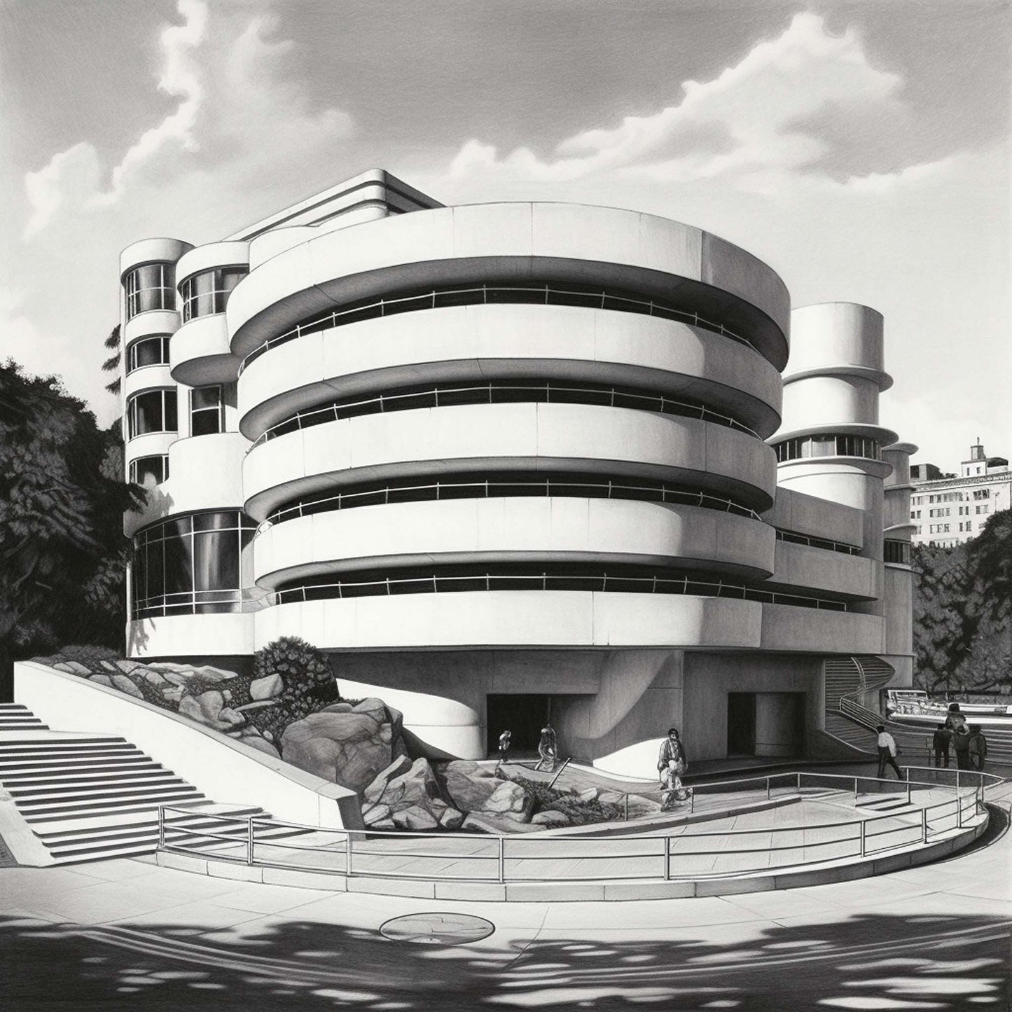 Urbanisto - New York Guggenheim Museum - Wandbild als Schwarz-Weiß-Zeichnung
