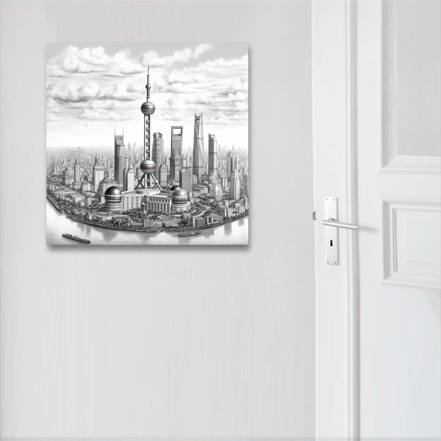 Shanghai Skyline - Wandbild in der Stilrichtung einer Zeichnung