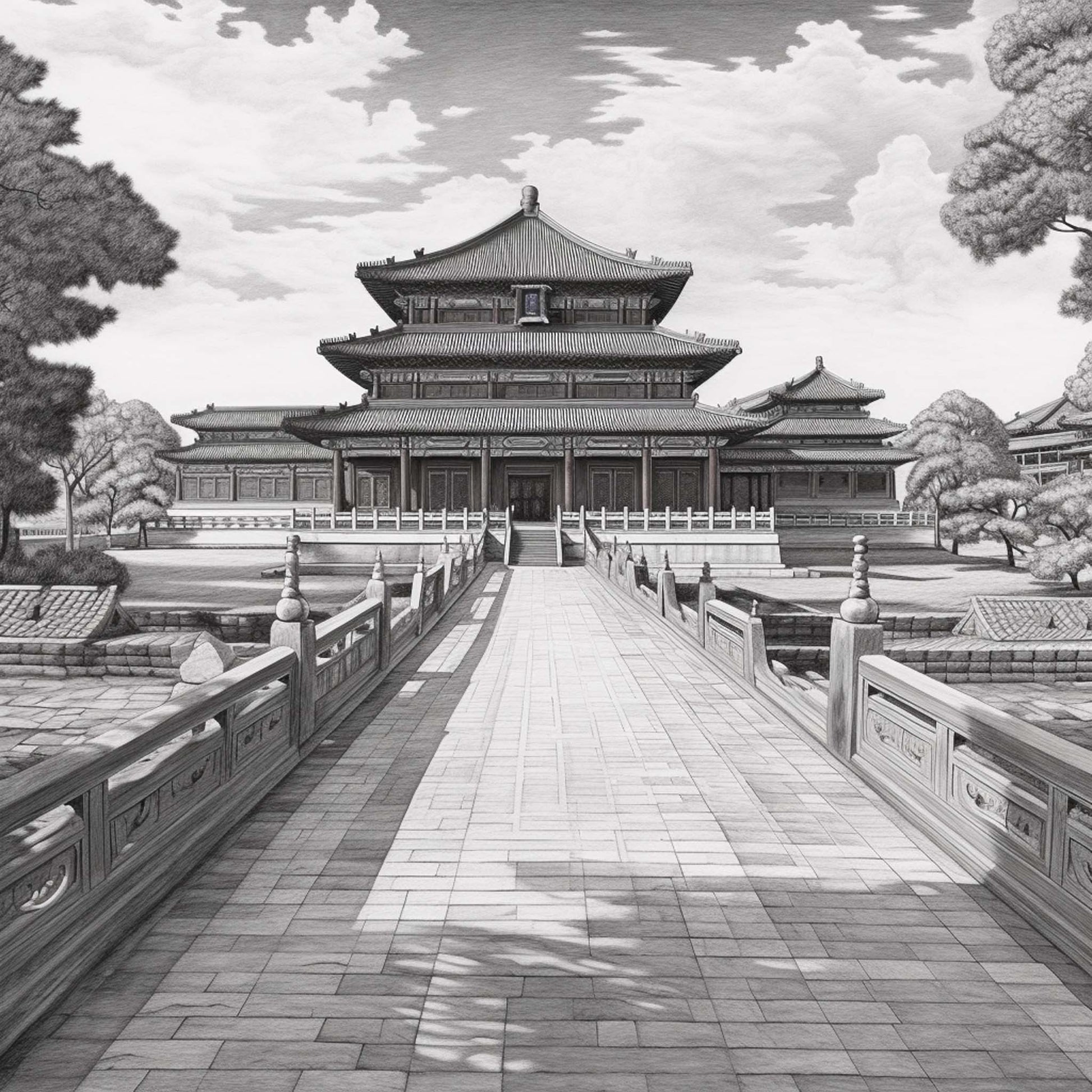 Urbanisto - Peking Verbotene Stadt - Wandbild als Schwarz-Weiß-Zeichnung