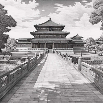 Urbanisto - Peking Verbotene Stadt - Wandbild als Schwarz-Weiß-Zeichnung