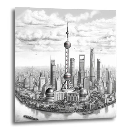 Shanghai Skyline - Wandbild in der Stilrichtung einer Zeichnung