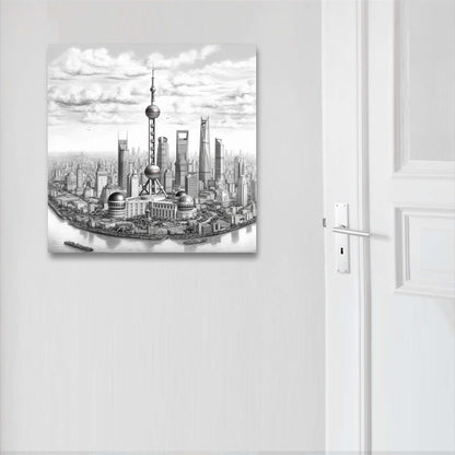 Shanghai Skyline - Wandbild in der Stilrichtung einer Zeichnung