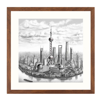 Shanghai Skyline - Wandbild in der Stilrichtung einer Zeichnung