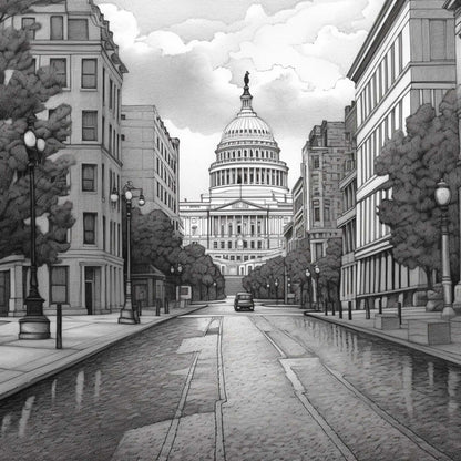 Urbanisto - Washington Kapitol - Wandbild als Schwarz-Weiß-Zeichnung